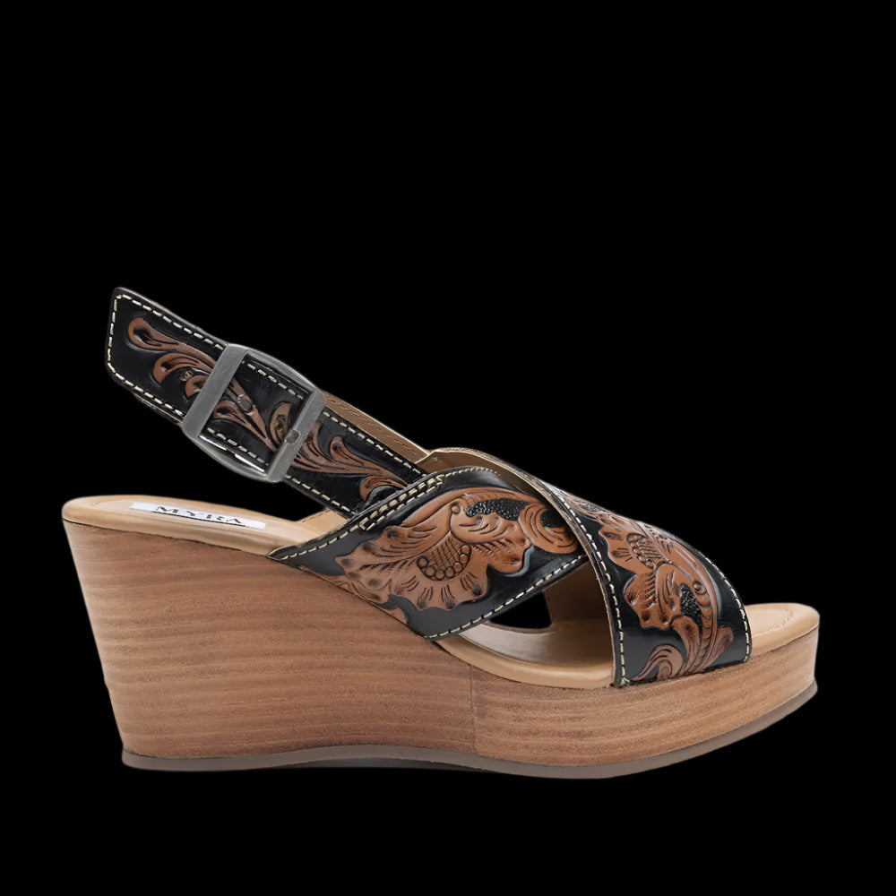 Beaming in Boho Hand-Tooled Leather Wedge