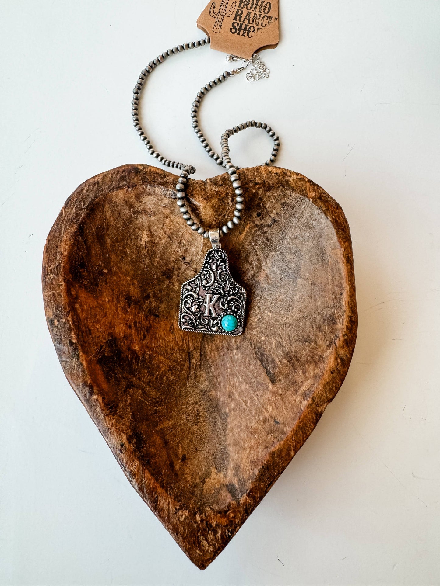 Initial Eartag Turquoise Stone Pendant Necklace