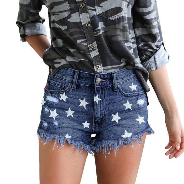 Ripped tassels star denim shorts