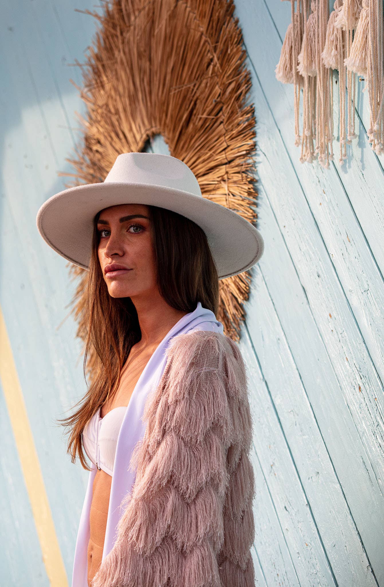 The Fringed Kimono - Blush with White Fringes - Coachella Blush
