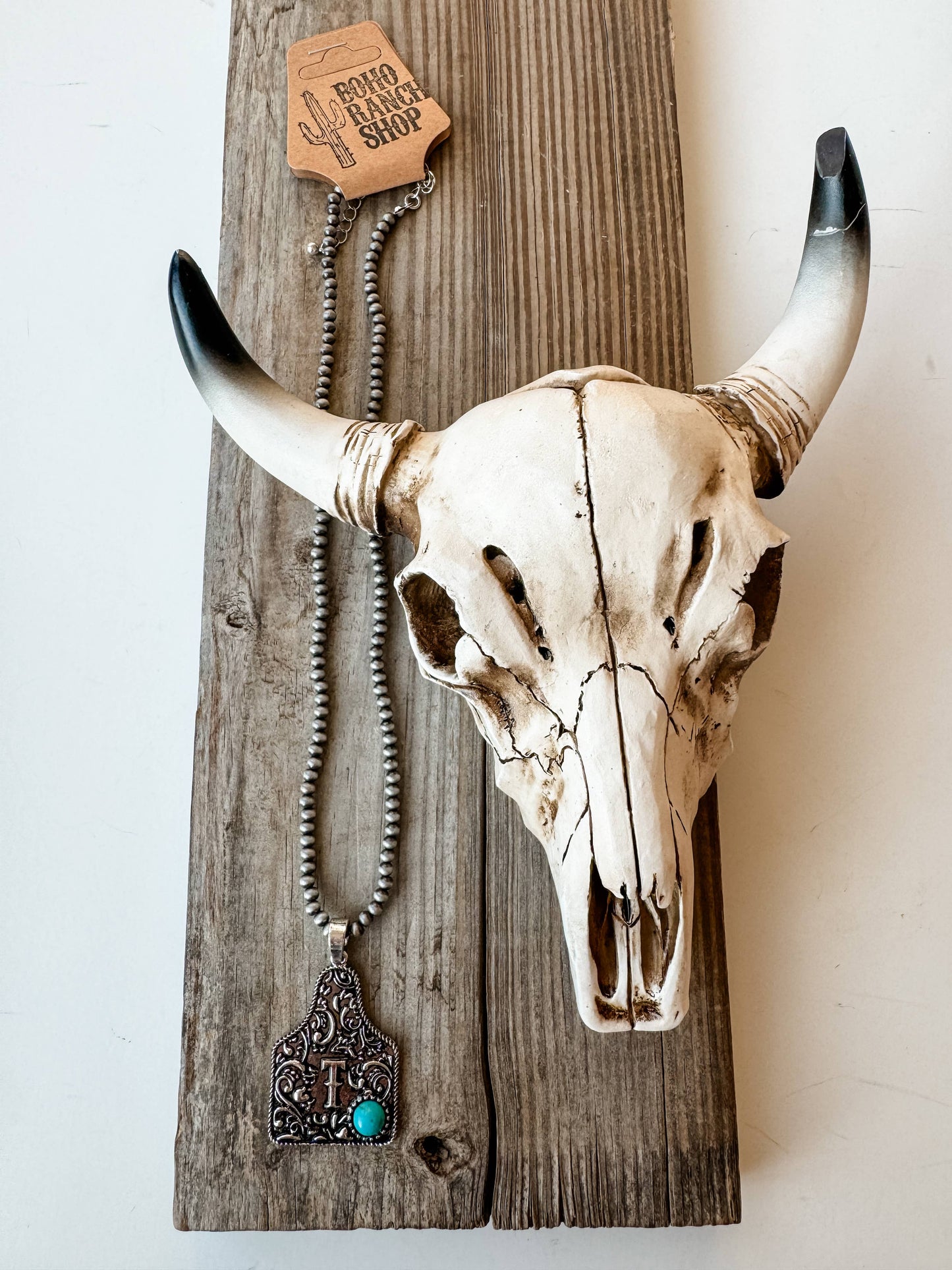 Initial Eartag Turquoise Stone Pendant Necklace