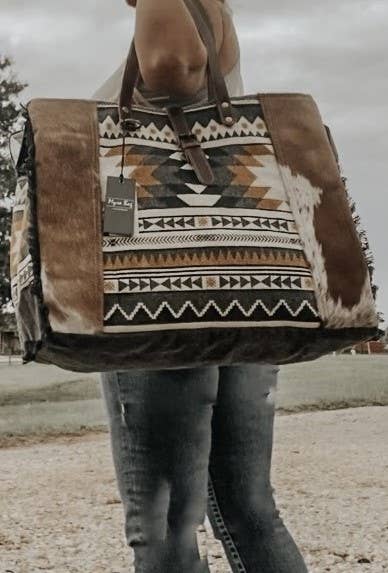 Myra Aztec Western Cowhide Travel, Overnight Weekender Bag