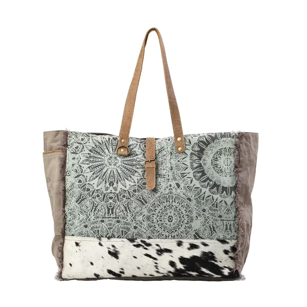 Myra Green Floral and Cowhide Weekender Travel Bag