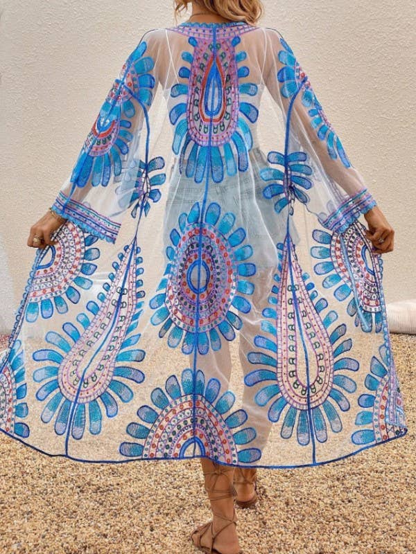 Sheer Blooming Flowers Resort Beach Long Kimono: Blue / M