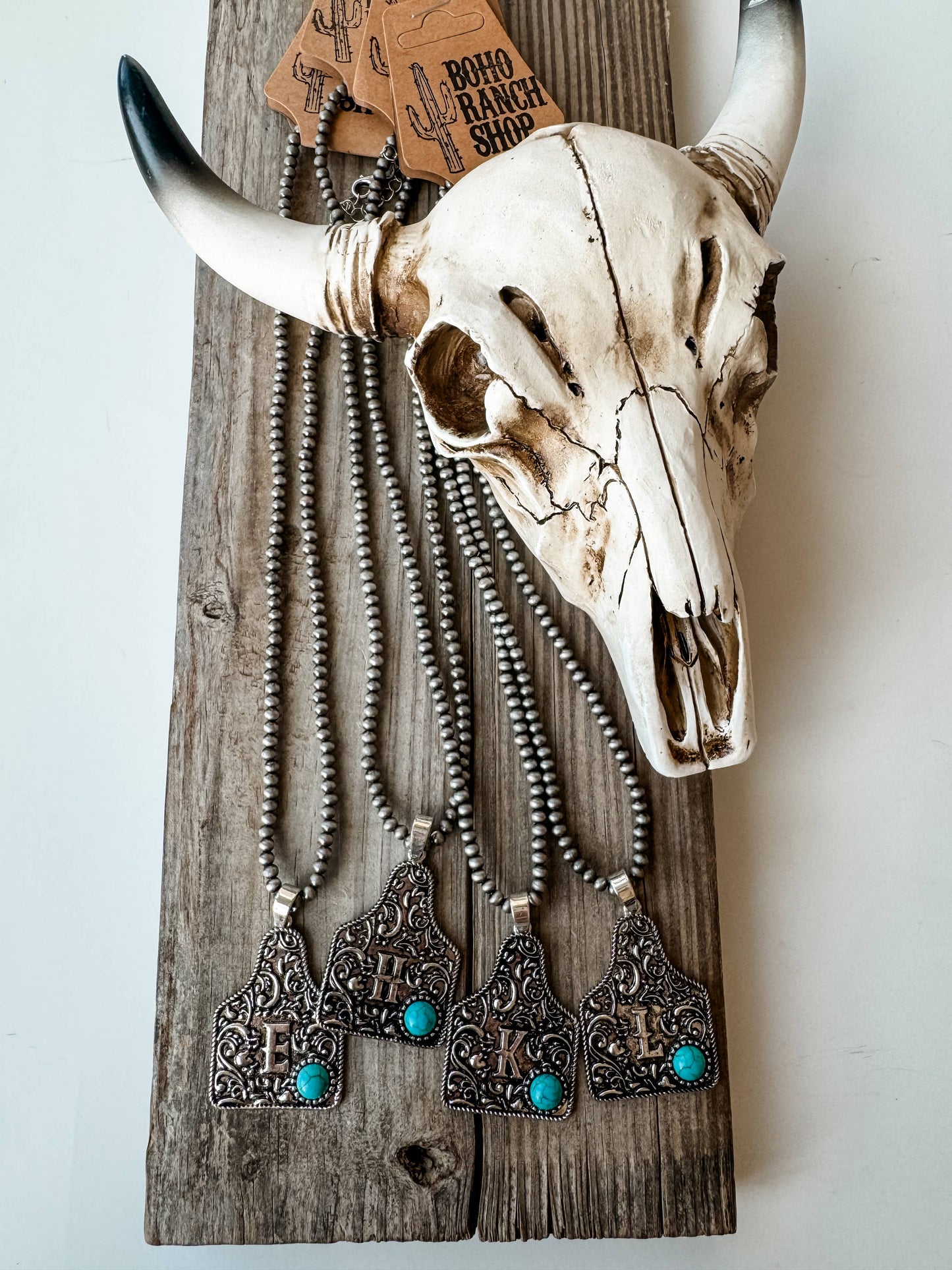 Initial Eartag Turquoise Stone Pendant Necklace