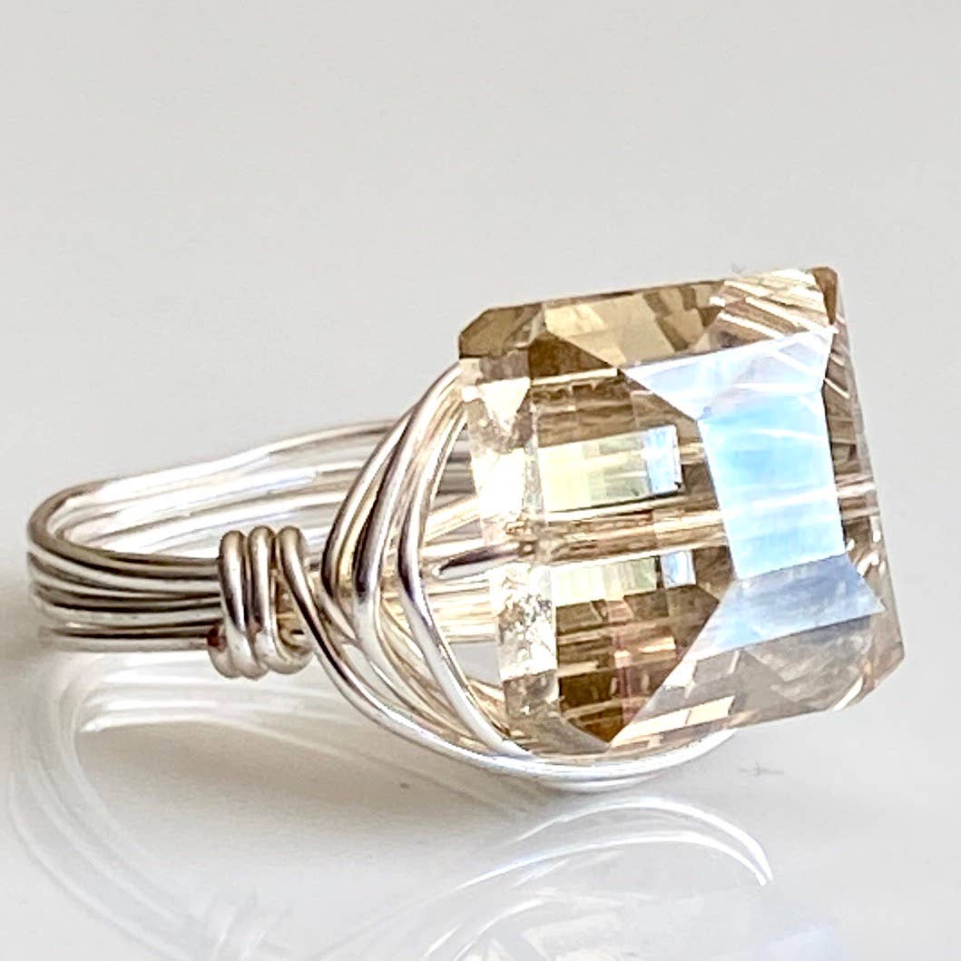 Champagne Square Crystal Silver Ring