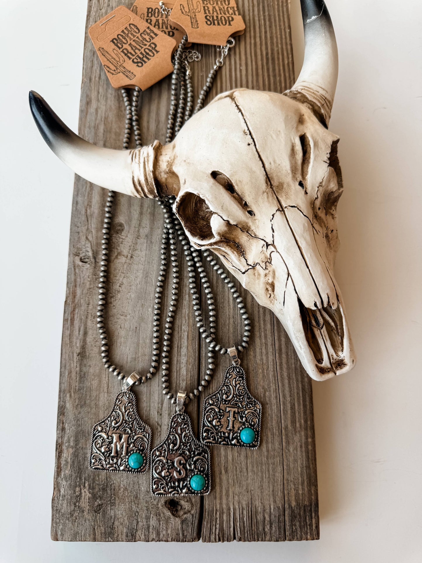 Initial Eartag Turquoise Stone Pendant Necklace