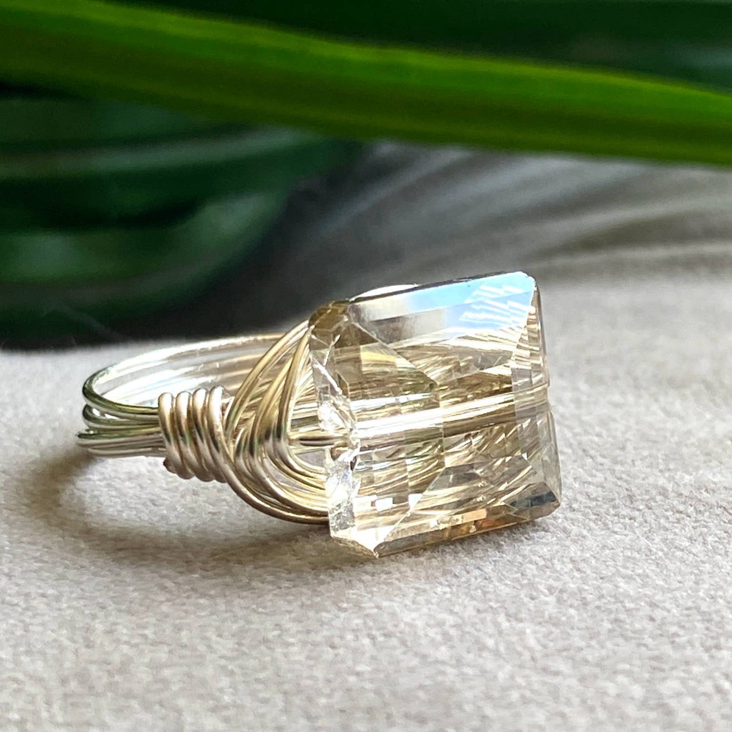Champagne Square Crystal Silver Ring
