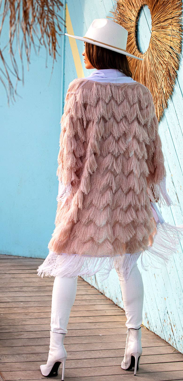 The Fringed Kimono - Blush with White Fringes - Coachella Blush