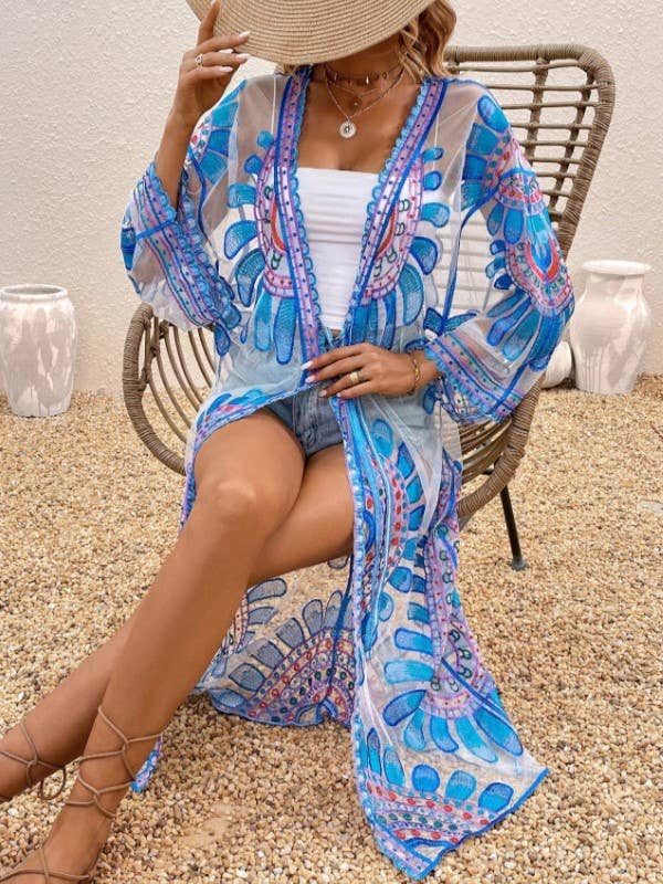 Sheer Blooming Flowers Resort Beach Long Kimono: Blue / M