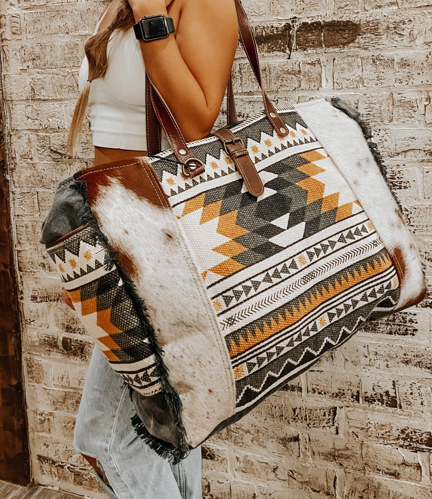 Myra Aztec Western Cowhide Travel, Overnight Weekender Bag