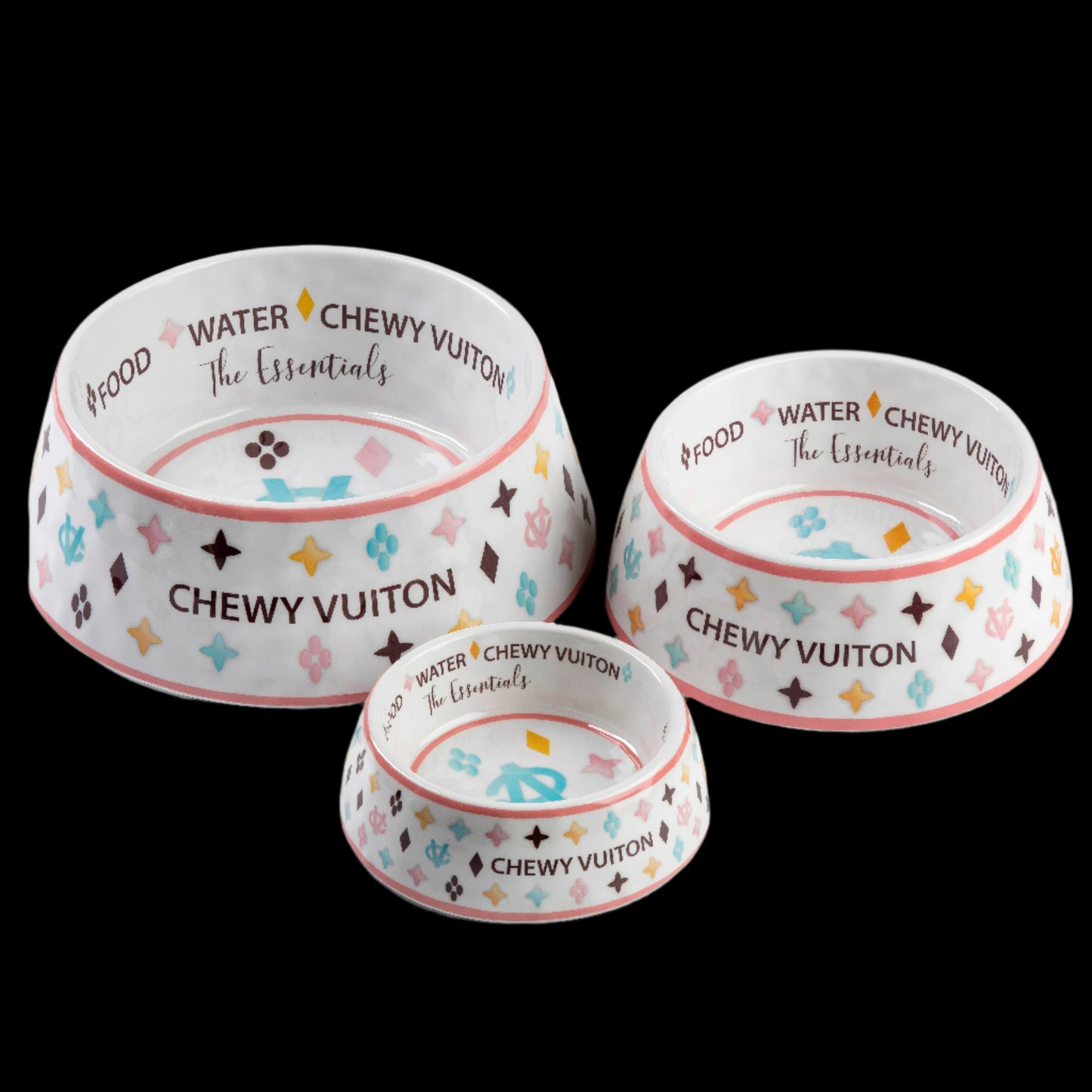 White Chewy Vuiton Dog Food | Water Bowl