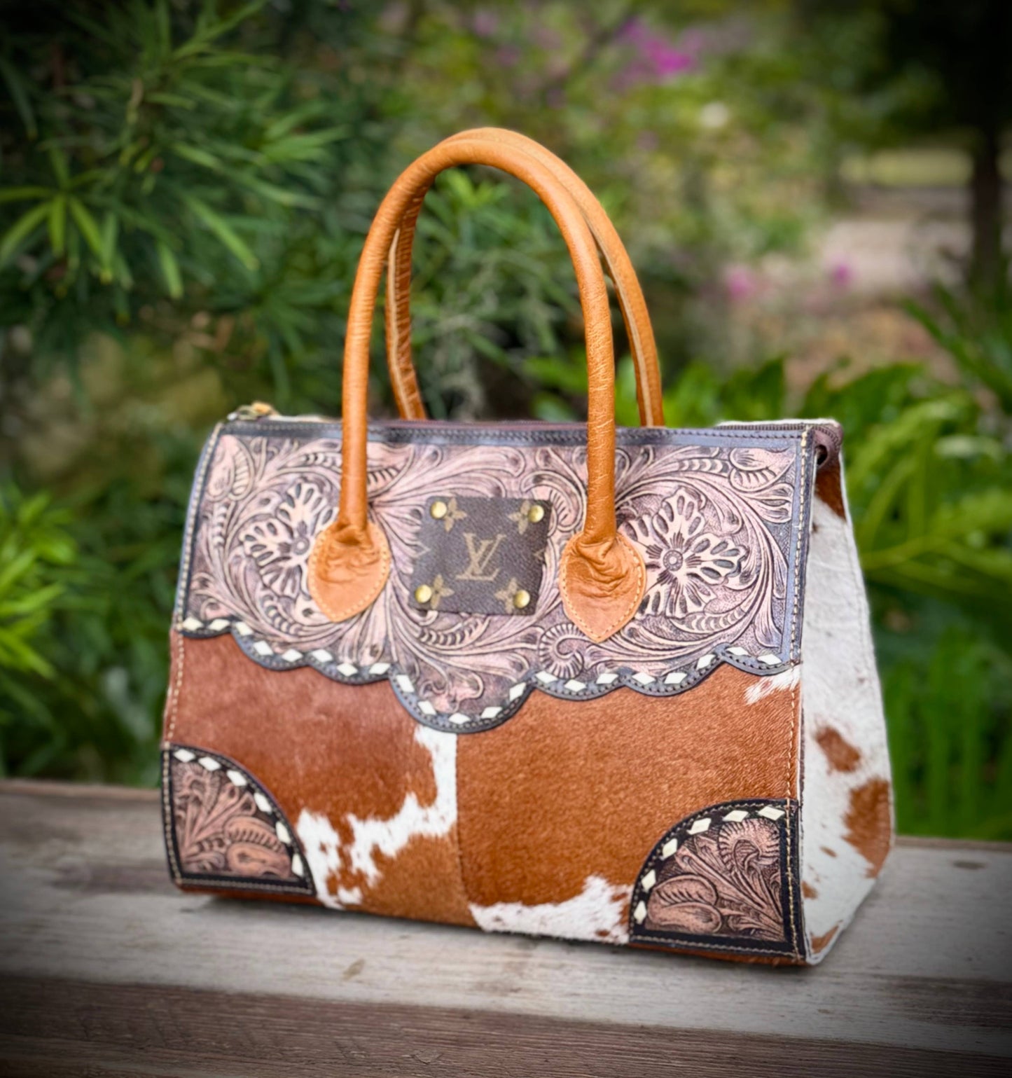 Upcycled LV Tooled Leather Cowhide Satchel Shoulder Bag