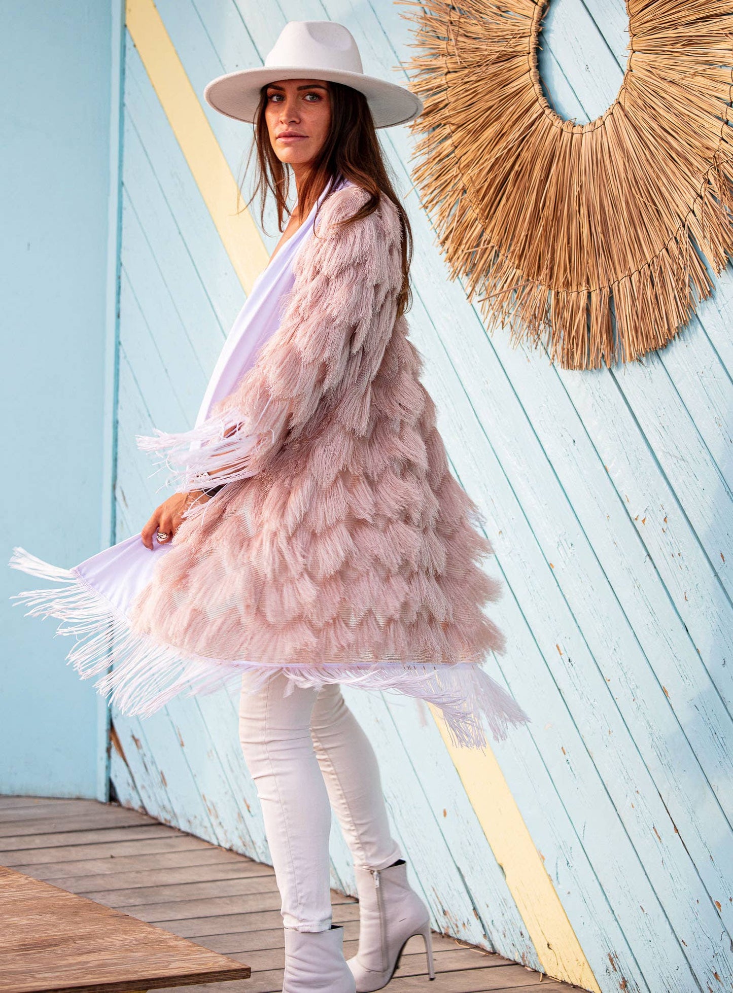 The Fringed Kimono - Blush with White Fringes - Coachella Blush