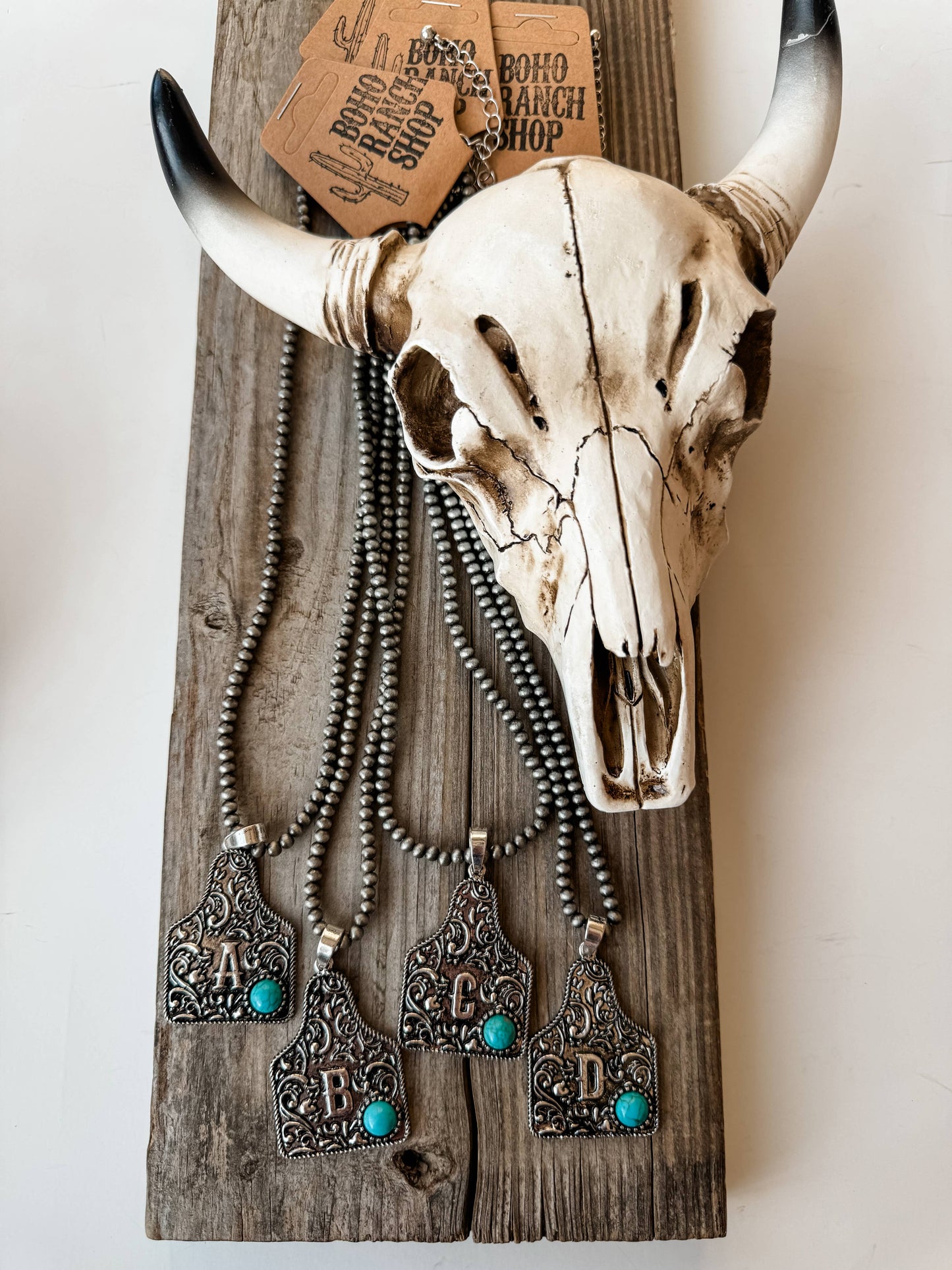 Initial Eartag Turquoise Stone Pendant Necklace