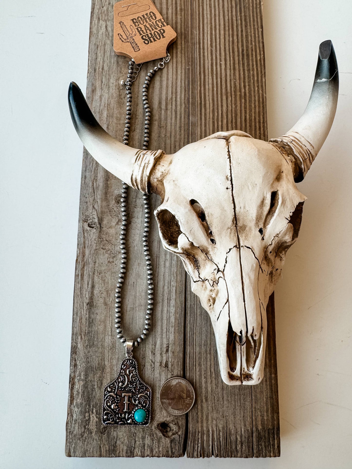Initial Eartag Turquoise Stone Pendant Necklace