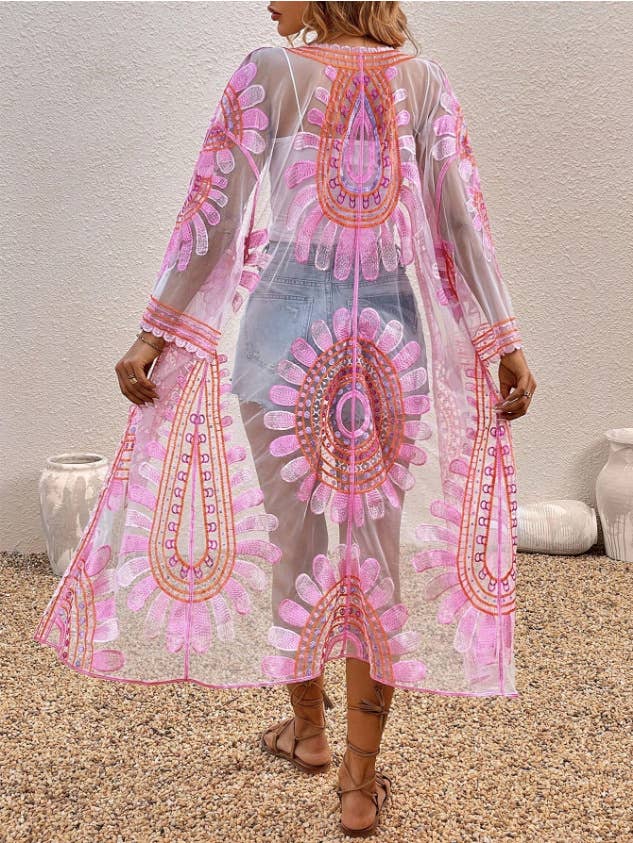 Sheer Blooming Flowers Resort Beach Long Kimono: Blue / M