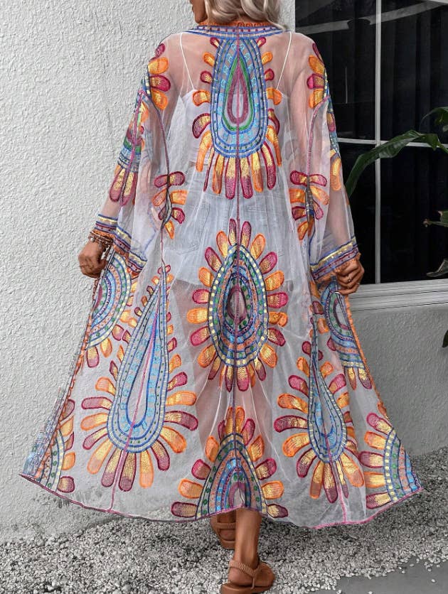 Sheer Blooming Flowers Resort Beach Long Kimono: Blue / M