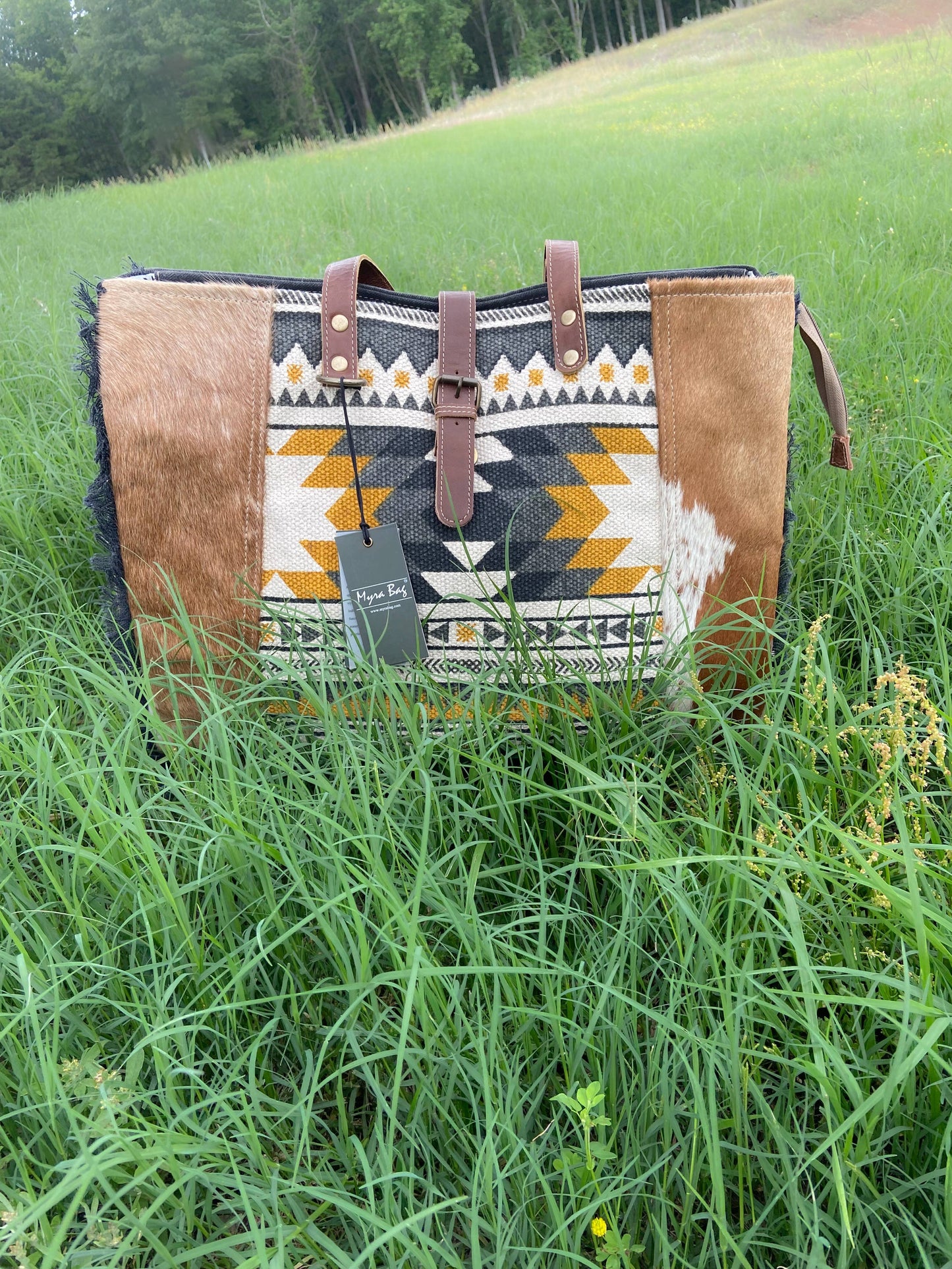 Myra Aztec Western Cowhide Travel, Overnight Weekender Bag