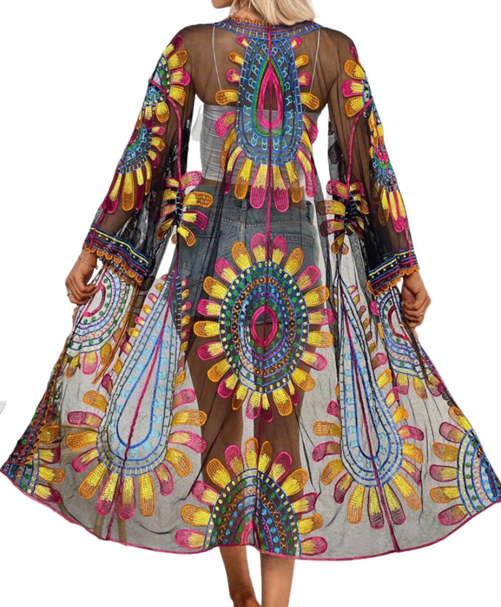 Sheer Blooming Flowers Resort Beach Long Kimono: Blue / M