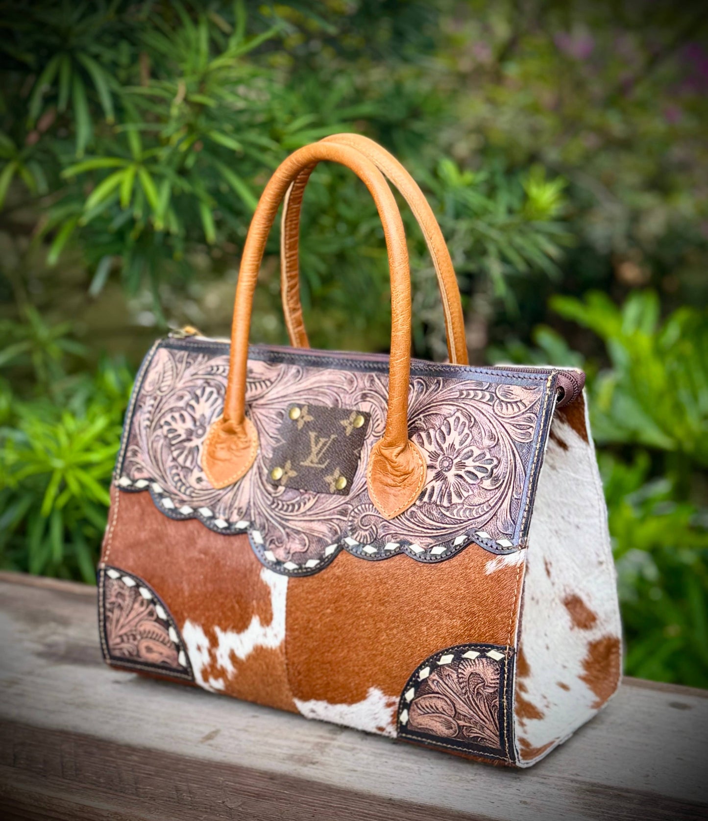 Upcycled LV Tooled Leather Cowhide Satchel Shoulder Bag