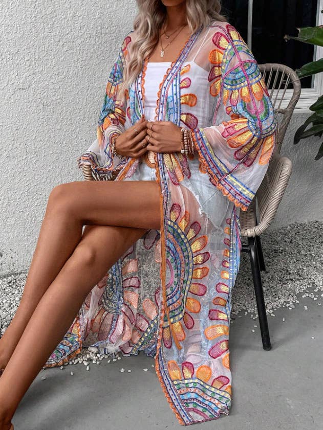 Sheer Blooming Flowers Resort Beach Long Kimono: Blue / M
