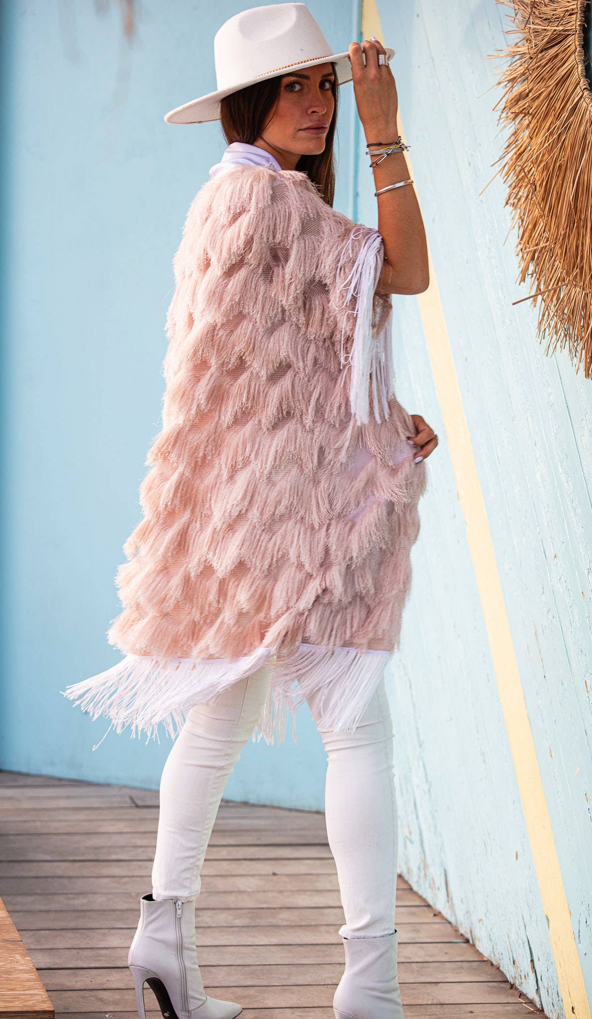 The Fringed Kimono - Blush with White Fringes - Coachella Blush