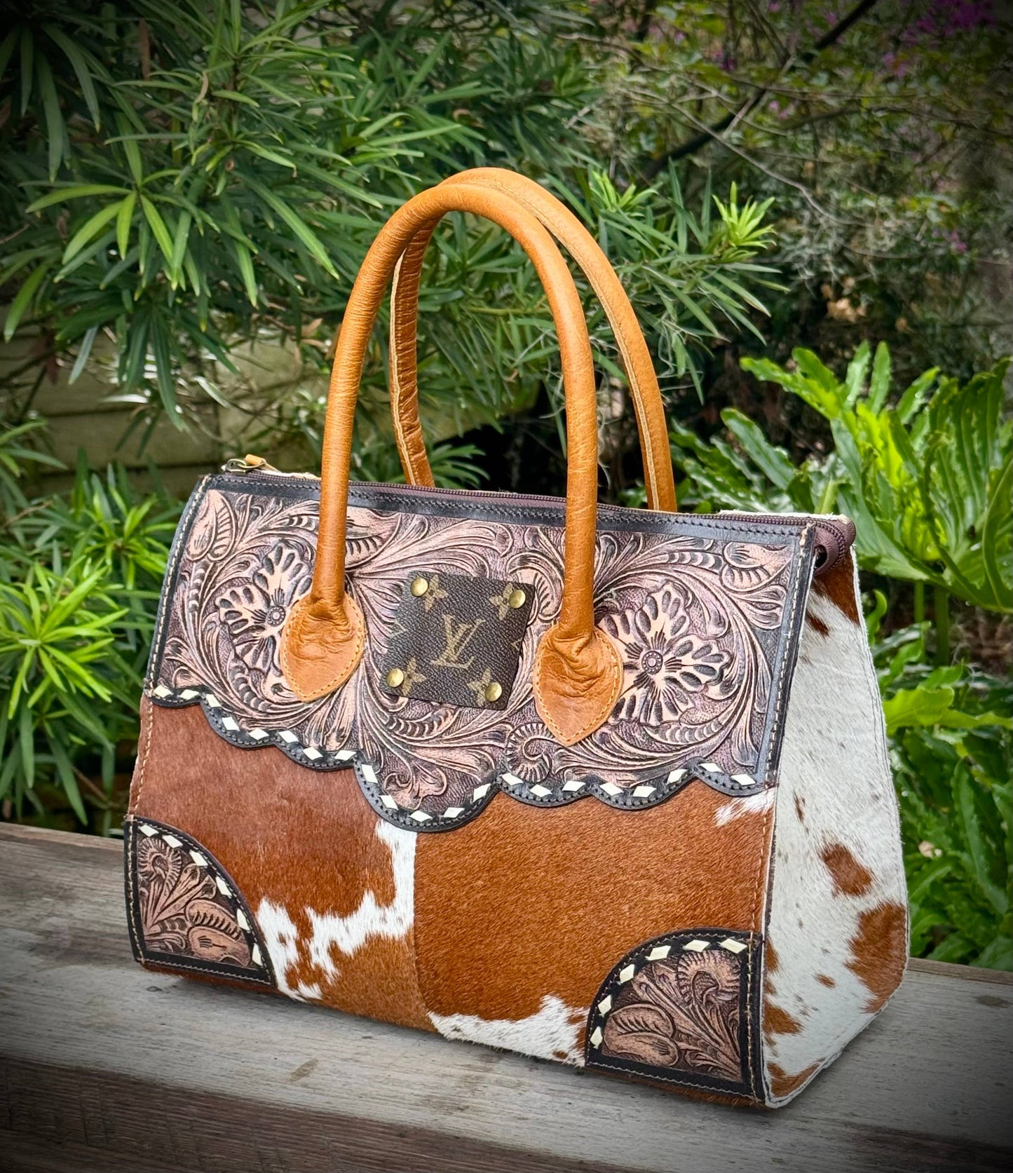 Upcycled LV Tooled Leather Cowhide Satchel Shoulder Bag