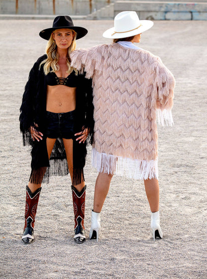 The Fringed Kimono - Blush with White Fringes - Coachella Blush
