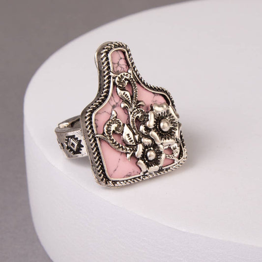 Western Floral Cattle Tag Stretch Ring: Pink