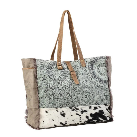 Myra Green Floral and Cowhide Weekender Travel Bag