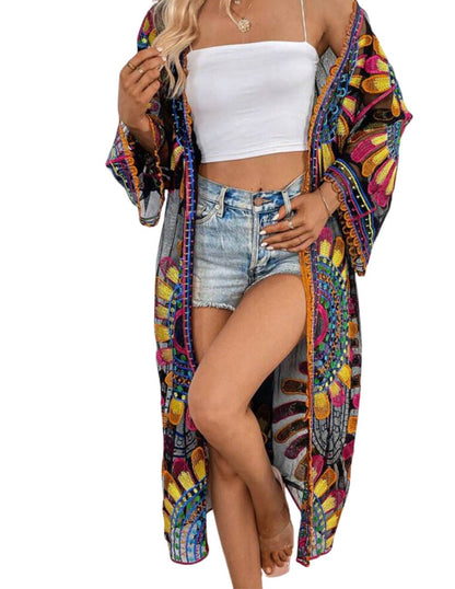 Sheer Blooming Flowers Resort Beach Long Kimono: Blue / M
