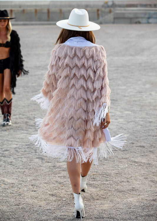 The Fringed Kimono - Blush with White Fringes - Coachella Blush