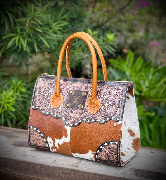 Upcycled LV Tooled Leather Cowhide Satchel Shoulder Bag