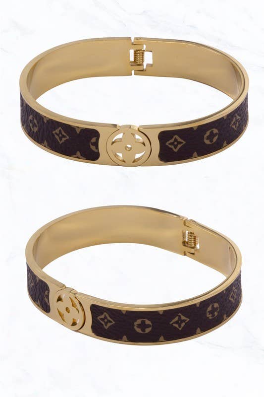 Stainless Steel Leather Trim Upcycled LV Bracelet