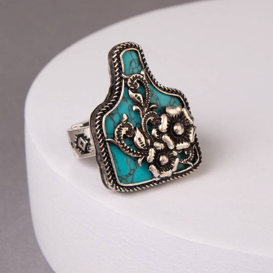 Western Floral Cattle Tag Stretch Ring: Blue
