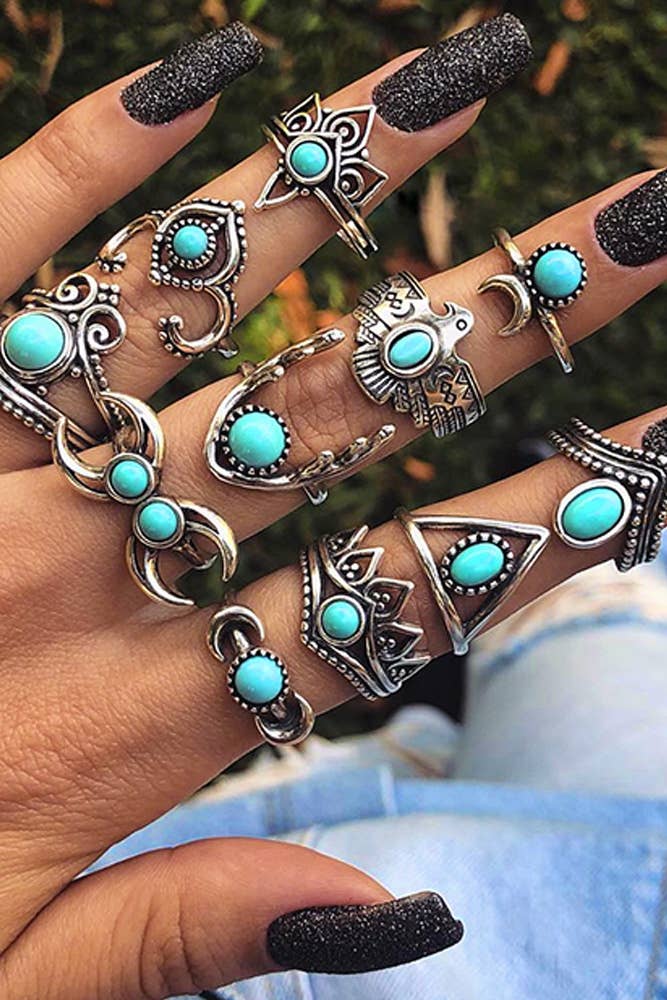 Turquoise Alloy Rings Set One Size