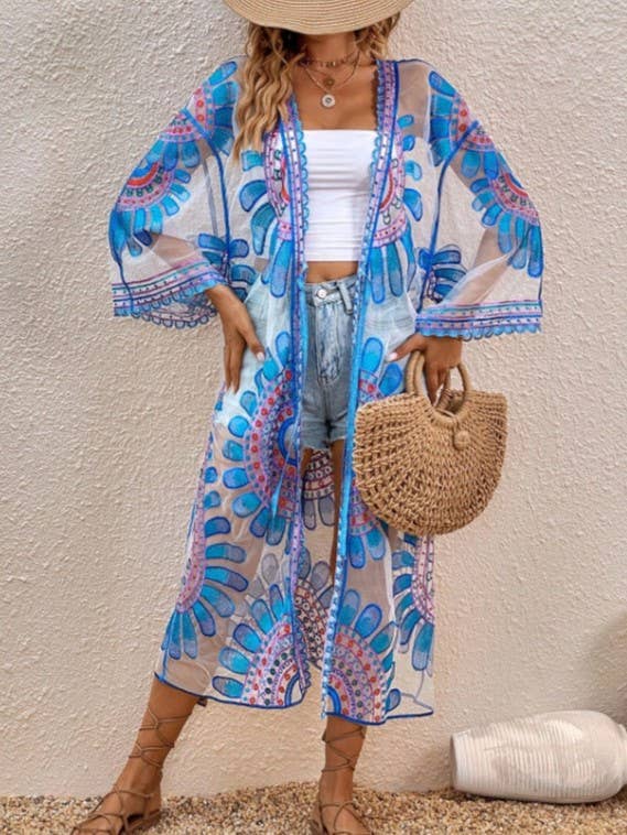 Sheer Blooming Flowers Resort Beach Long Kimono: Blue / M