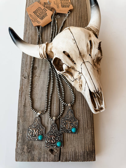 Initial Eartag Turquoise Stone Pendant Necklace