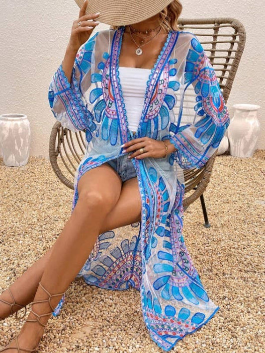 Sheer Blooming Flowers Resort Beach Long Kimono: Blue / M
