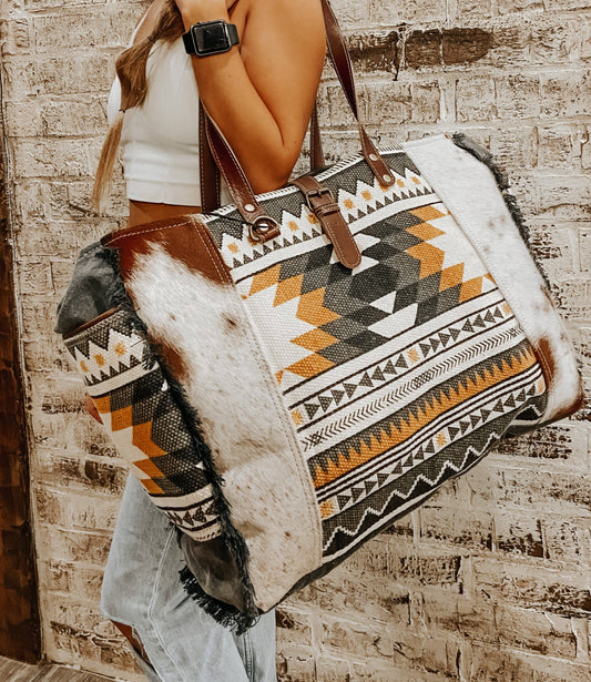 Myra Aztec Western Cowhide Travel, Overnight Weekender Bag