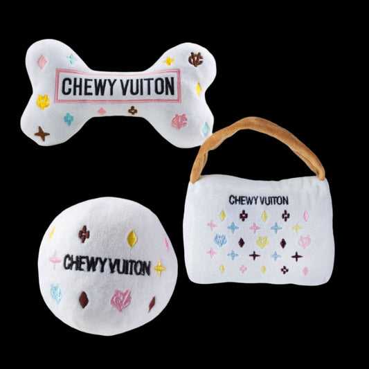 White Chewy Vuiton Capsule Collection Squeaker Dog Toys