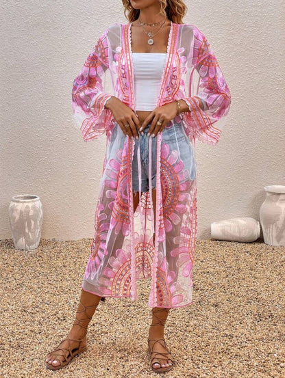 Sheer Blooming Flowers Resort Beach Long Kimono: Blue / M