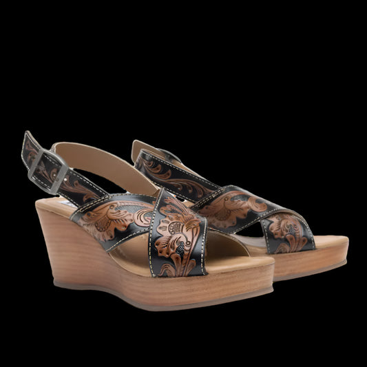 Beaming in Boho Hand-Tooled Leather Wedge