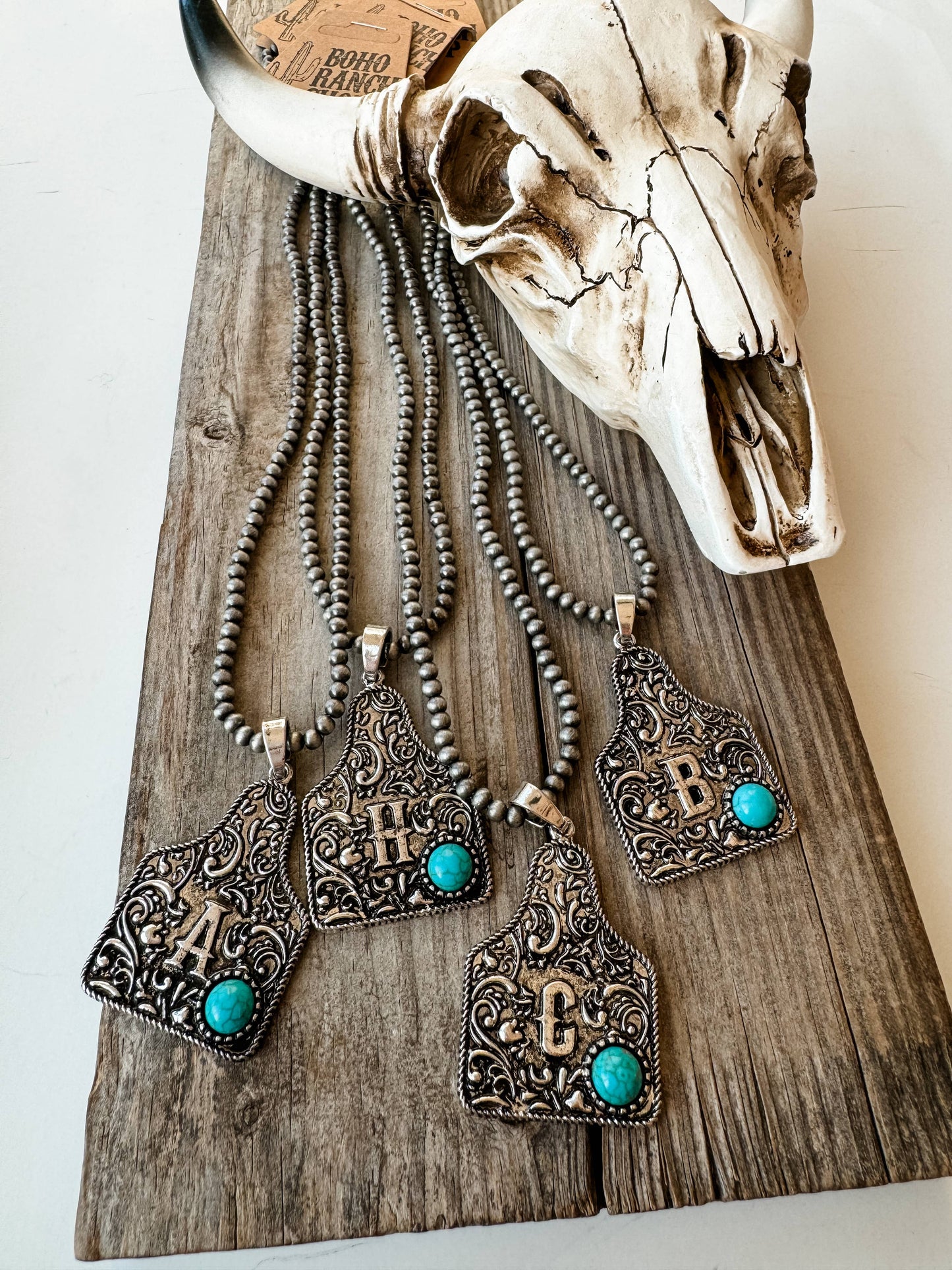 Initial Eartag Turquoise Stone Pendant Necklace