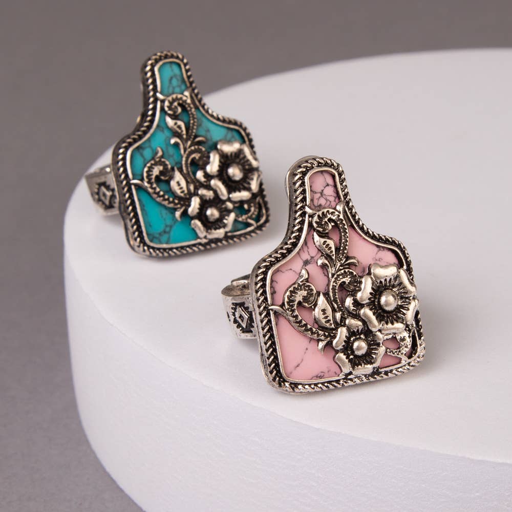 Western Floral Cattle Tag Stretch Ring: Pink