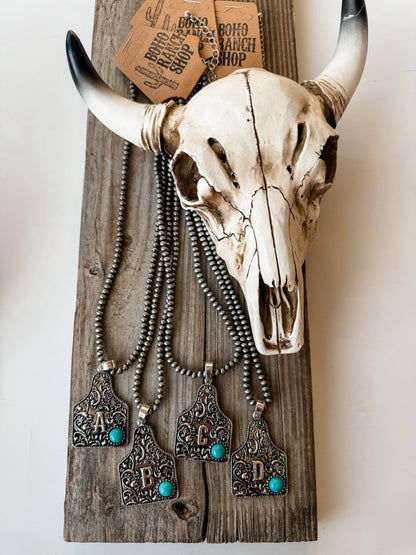 Initial Eartag Turquoise Stone Pendant Necklace