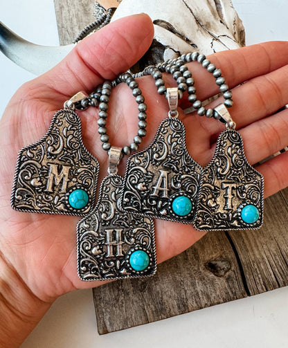 Initial Eartag Turquoise Stone Pendant Necklace