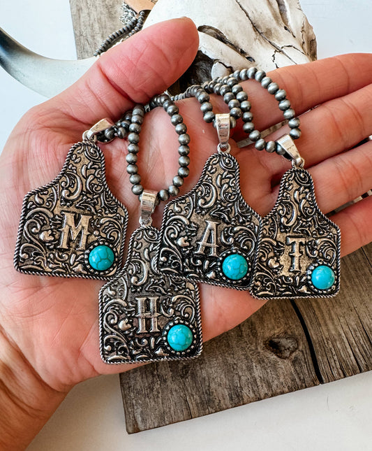 Initial Eartag Turquoise Stone Pendant Necklace