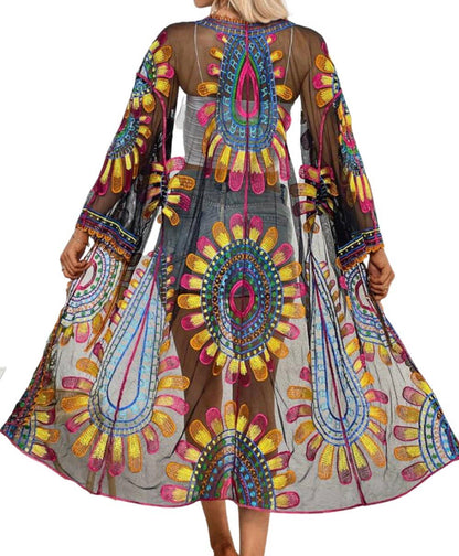 Sheer Blooming Flowers Resort Beach Long Kimono: Blue / M